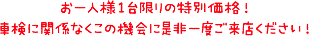 お一人様１台限りの特別価格！車検に関係なくこの機会に是非一度ご来店ください！